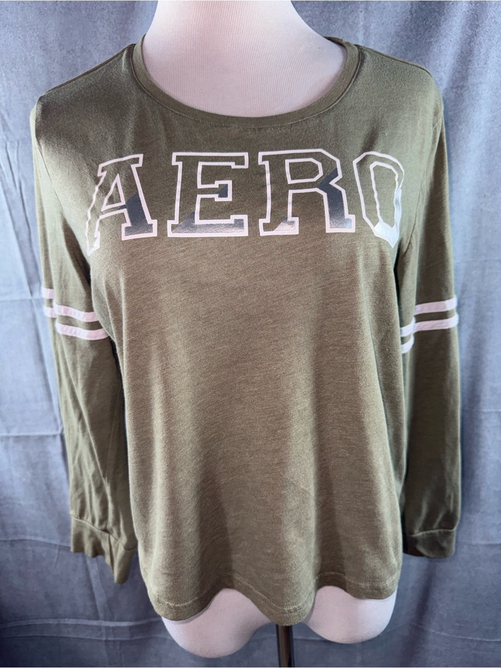 3224-Aeropostale Olive Green Long Sleeve Tee with White Varsity Logo